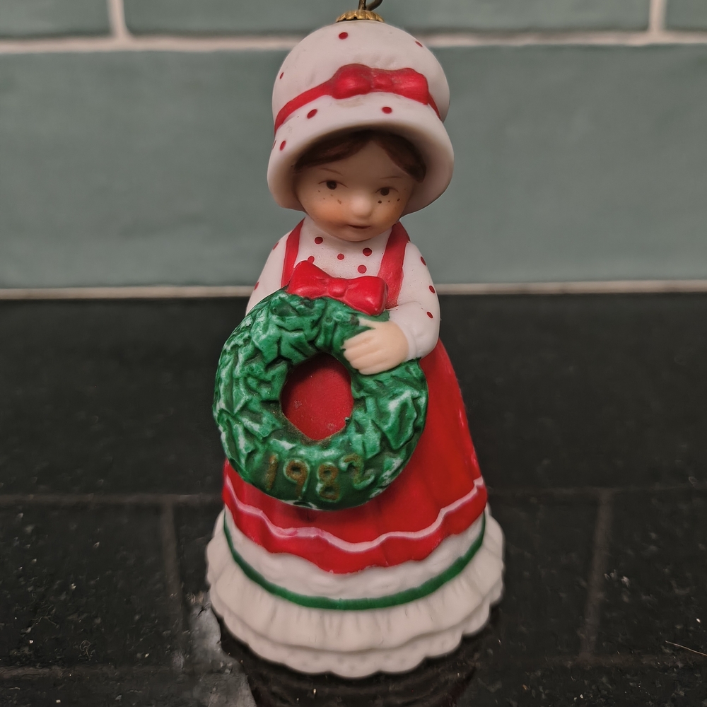 Vintage  Porcelain Holly Hobby Christmas Bell Ornament 1982